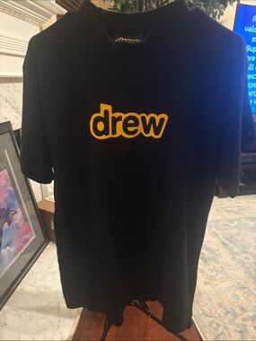 drew house Black Tee with Yellow Logo Center Chest